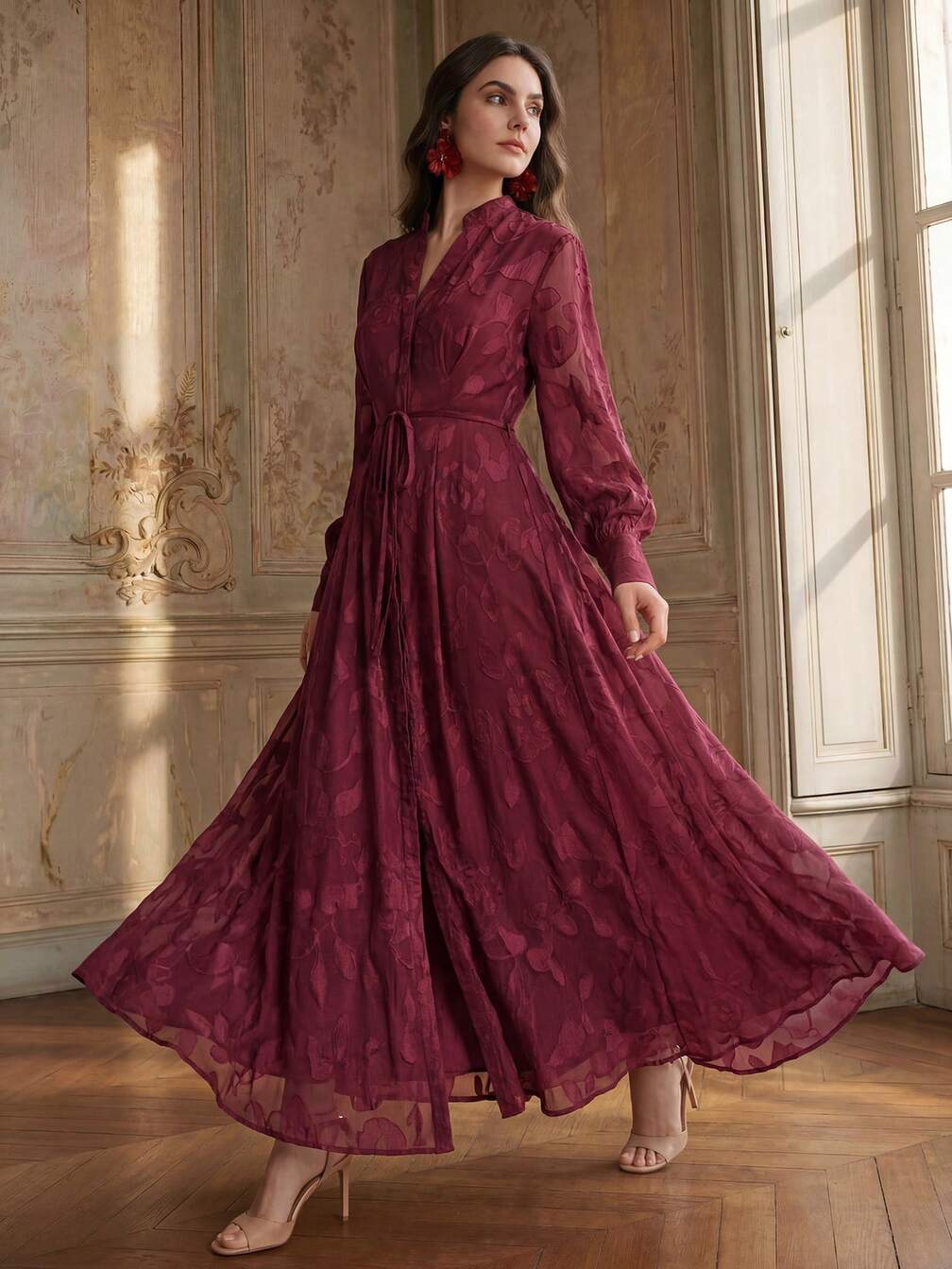 going out christmas dresses Anewsta Small Stand Collar V-Neck Lantern Long Sleeve Semi-Sheer Cinched Waist Floral Fabric Elegant Modern Long Dress Women Thanksgiving Outfit Theme Festival Spring Outfits For Women Vacation Outfits Woman｜Motf Formal dresses