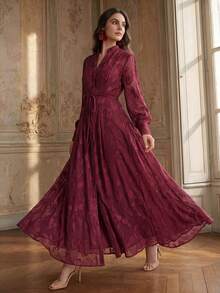 Anewsta Going Out Small Stand Collar V-Neck Lantern Long Sleeve Semi-Sheer Cinched Waist Floral Fabric Elegant Modern Long Dress Women Thanksgiving Outfit Christmas Theme Festival Spring Outfits For Women Vacation Outfits Woman - Burgundy - View 1