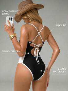Shapewave Women's Colorblock Casual Sexy One-Piece Swimsuit With Straps For Vacation Beach Black Summer - Black and White - View 2