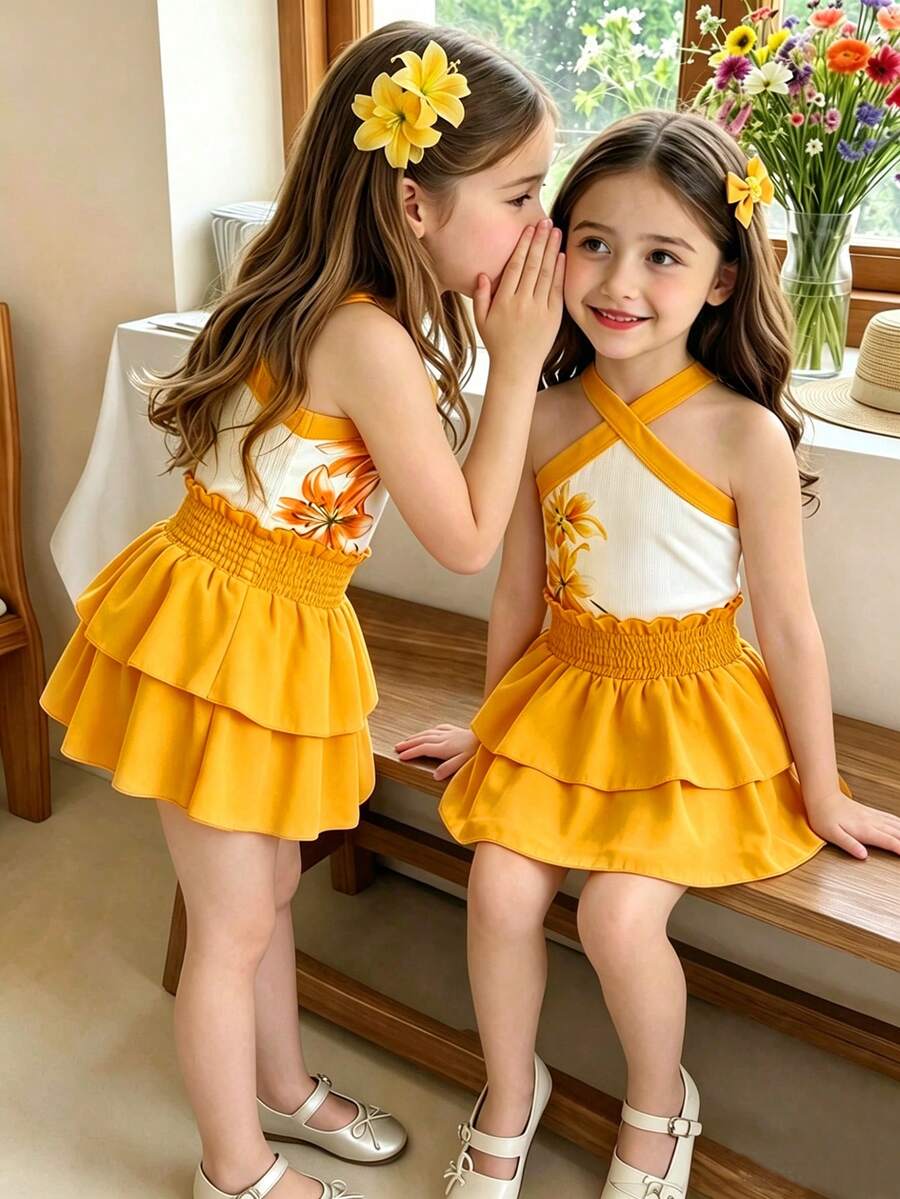 SHEIN Elladie kids Mädchen Urlaub Lässig Neckholder Ärmellos Figurbetontes Blumenmuster Tanktop, Elastischer Bund Einfarbig Rüschen Gestufter Rock, 2-teiliges Set, Pastorale Landhausstil, Strandurlaubsstil, Tägliche Lässig Ausflüge, Sommer, Sommerkleid, Sommeroutfit - Gelb - Übersicht 1