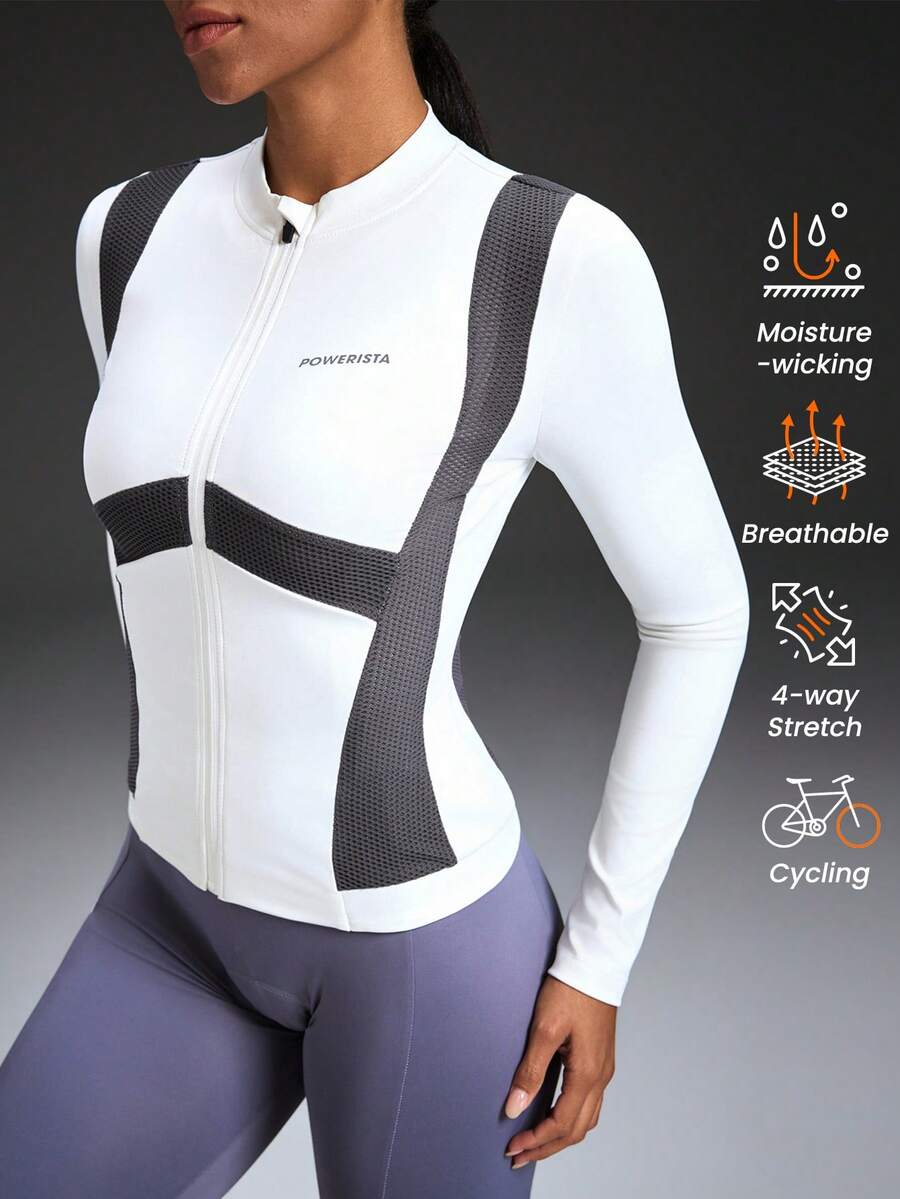 Powerista  Women's Letter Print Contrast Color Zipper Collar Long Sleeve Cycling Jersey White Workout Jacket Long Sleeve Zip Up Rashgaurd Women Compression Long Sleeve Women Rashguard Swimsuit Women Cycling Clothes Women Active Comfy Workout Gym Running Run Clubpadel, Tennis, Pickleball Yoga Pilates Fitness Daily Casual  Summer All Season