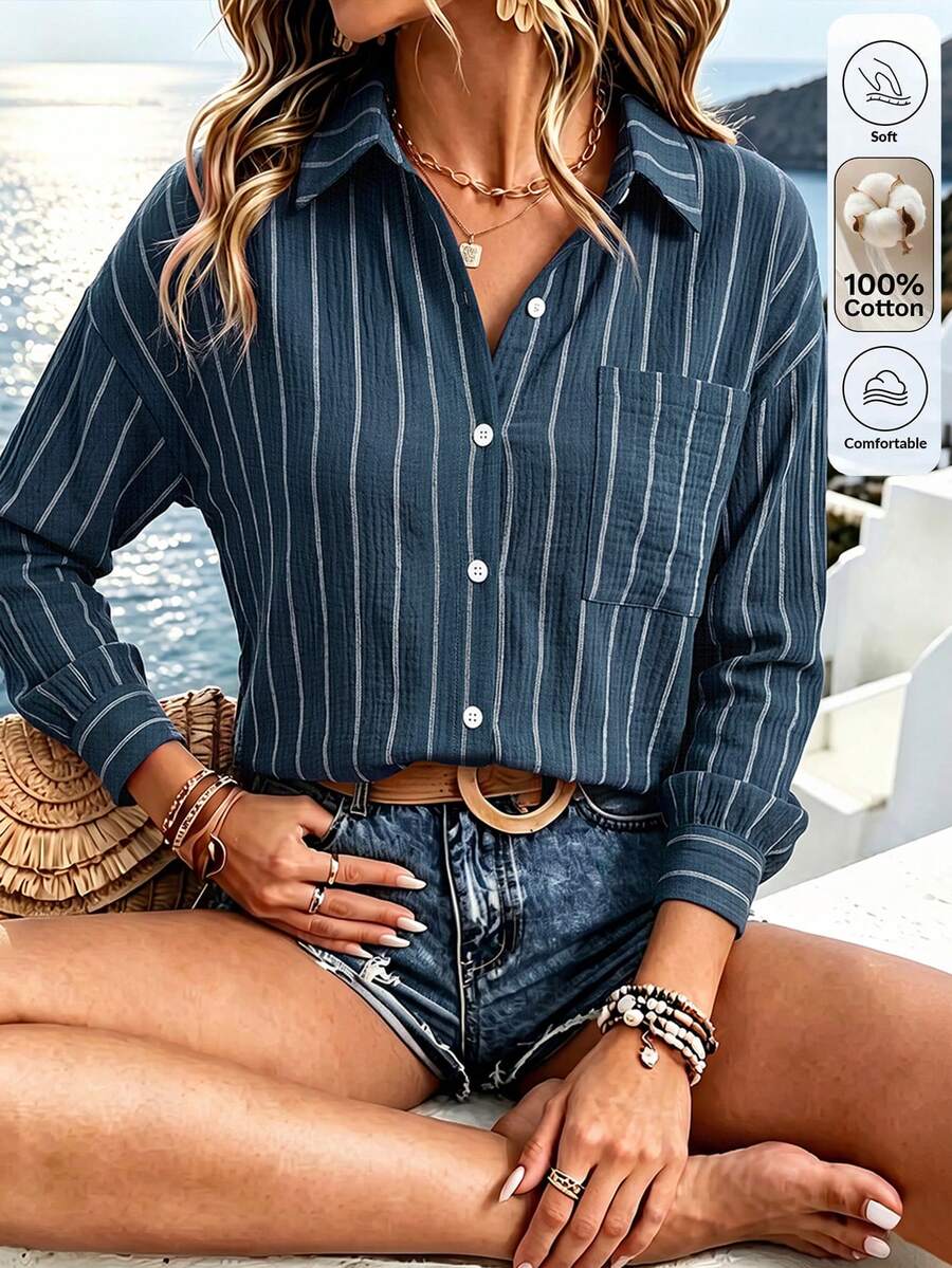 Isle Nomé Women's Casual Commute Striped Lightweight Jacket - Navy Blue - View 1