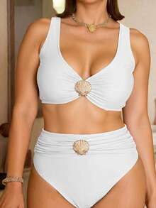 Swim Chiccia Bộ bikini 2 mảnh tắm biển mùa hè cho nữ size lớn, màu trơn, trang trí vỏ sò kim loại, phong cách gợi cảm thời trang - trắng - Xem 3