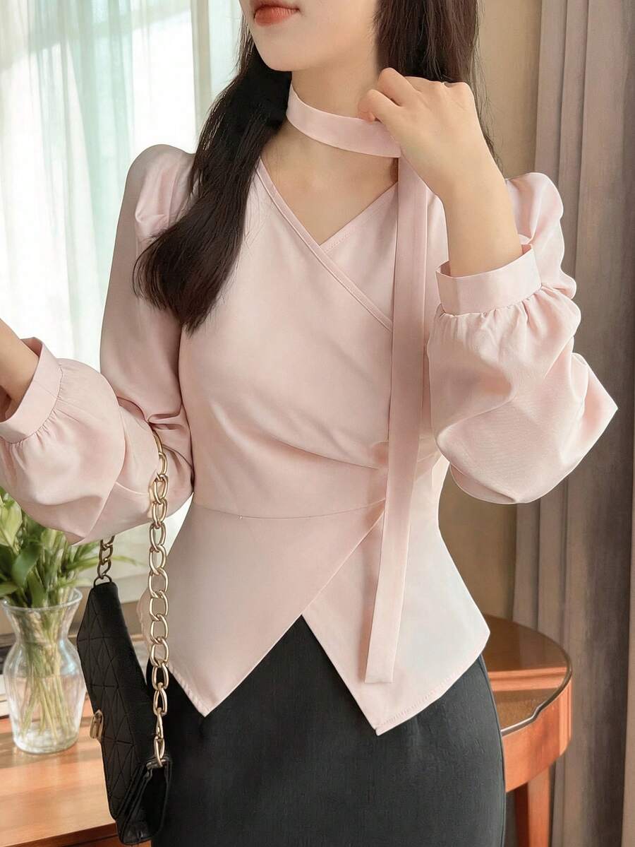 DAZY Solid Color Fitted Ruched Long Sleeve Elegant Formal Spring Autumn Women's Blouse Summer School - Pink - View 1