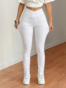 SHEIN Tall Women's Asymmetric Waistband Pocket Fitted Casual Denim Jeans Plain White Pants Summer Slim-Fit Clothes Back To School Tall Travel Capris Holiday - White - View 6