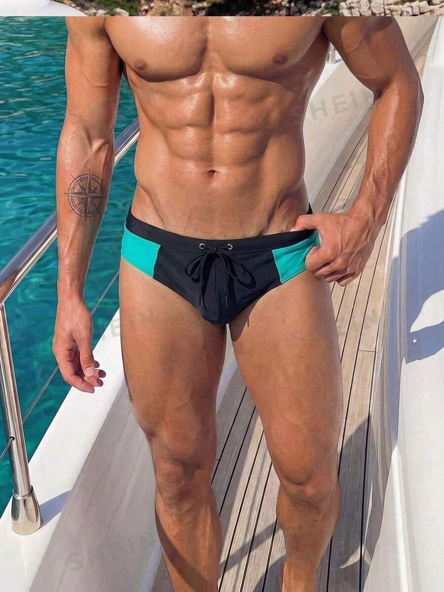 Manfinity Swimmode Celana Renang Pria Ukuran Besar Musim Semi/Panas Terbaru 2026 Motif Blok Warna Nyaman Kasual Tropis Liburan Pantai Segitiga Liburan Renang Hitam - MultiWarna - View 1