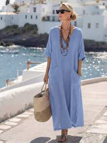 Breezaya Women's Solid Color Long Casual Vacation Dress Cornflower Blue Summer - Gray Blue - View 1