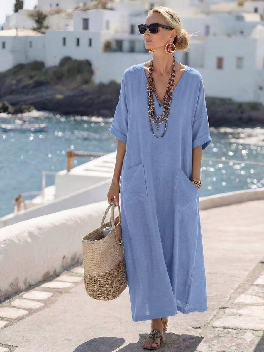 Breezaya Women's Solid Color Long Casual Vacation Dress Cornflower Blue Summer - Gray Blue - View 1