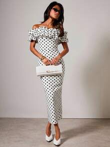 COSMINA Women's Elegant Polka Dot Print Off-Shoulder Mid-Length Dress - White - View 4