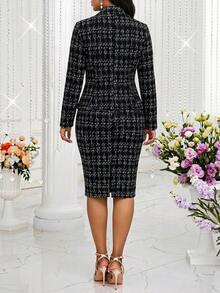 SHEIN PETITE CURVE 大尺碼女款優雅通勤純色蕾絲拼接西裝外套與裙裝套裝 商務休閒女裝 秋冬女裝 - 黑與白 - 查看 2