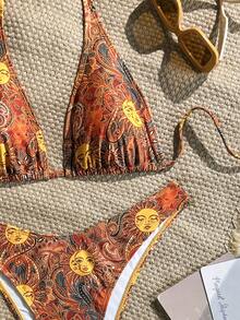 Swim Mod 女款夏季海灘全印花掛脖綁帶比基尼上衣與三角褲兩件式泳衣套裝 - 彩色 - 查看 4