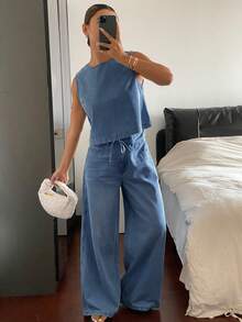 DAZY Women's Casual Loose Denim Round Neck Tank Top And Pants Set Petite - Blue - View 4