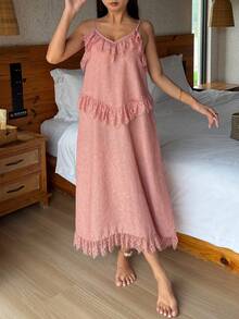 DAZY Women's Solid Color Lace Patchwork Cami Nightgown Summer - Orange - View 7