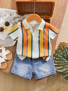 SHEIN Vintaside Kids 2件組男嬰夏季休閒白色 Polo 衫與水洗牛仔短褲套裝，親子穿搭派對造型，男嬰短袖條紋上衣 - 彩色 - 查看 3
