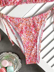 Swim Vcay Women's Summer Beach Holiday Halter Tie Backless Sexy Bikini Set, Ditsy Floral, Women's Holiday Outfit, Beach Outfit, Women's Holiday Outfit, Metal Decoration - Hot Pink - View 7