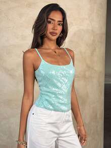 Aloruh Sea Blue Sequin Camisole Top, Versatile For Vacation - Baby Blue - View 4