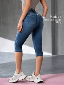SHEIN Essnce 女款休閒日常牛仔七分褲附口袋 - 深色水洗藍 - 查看 2