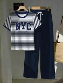 SHEIN EZwear 两件套：刺绣圆领短袖上衣和条纹印花长裤，休闲款 - 藍色 - 查看 3