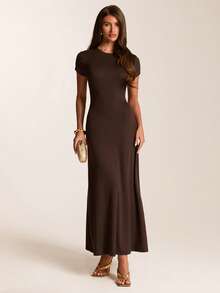SHEIN BAE Spring/Summer Solid Dark Brown Round Neck Short Sleeve Fitted Dress, Elegant Casual Knit Brunch Going Out - Brown - View 7