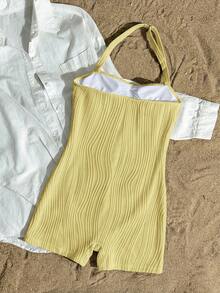 SHEIN Baju Renang Terusan Rajut Bertekstur Model Halter dengan Hiasan Bintang Laut Aprikot dan Logam untuk Liburan Pantai Kasual Remaja Perempuan, Pakaian Renang Minimalis Pas Badan - Kuning - View 2