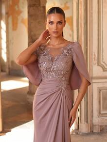 Aureia Vestido Elegante com Renda Bordada & Patchwork de Lantejoulas, Manga de Babado Elástica de Cetim, Bainha Sereia, Azul Acinzentado, Inverno, Elegante, Formal, Noite, Casamento Formal - Rosa empoeirado - Visão 3