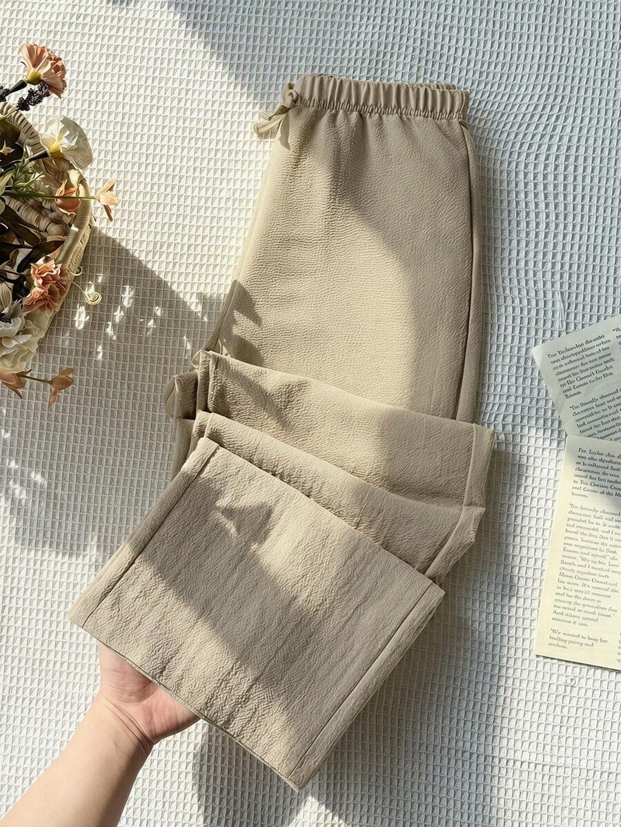 少女春夏休闲宽松黄色梭织阔腿裤,适合度假、海滩、居家穿着 - 咖啡棕 - 查看 1