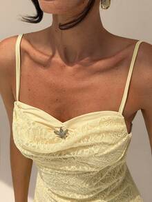 Glamine Women's Lace Patchwork Backless Spaghetti Strap Dress Vacation Light Yellow Summer Elegant - Butter Yellow - View 7