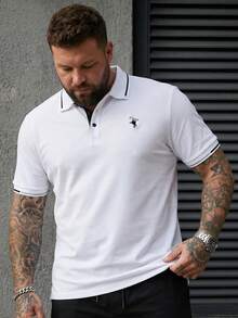 Manfinity Homme 男士大尺碼時尚休閒印花白色 Polo 衫，正式、儀式 - 白色 - 查看 3