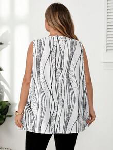 SHEIN CURVE+ 大尺碼夏季休閒條紋無袖襯衫 - 黑與白 - 查看 2