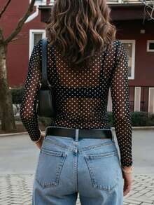 INAWLY Women's Black Polka Dot Sexy Sheer Slim Fit Long Sleeve Top - Black and White - View 4