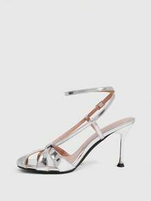CUCCOO SZL Gentle Atmosphere Full, Retro Round Toe Hollowed Out Thin Heel Back Strap Thin High-End, Silver Thin Heel Women's Sandals - Silver - View 4