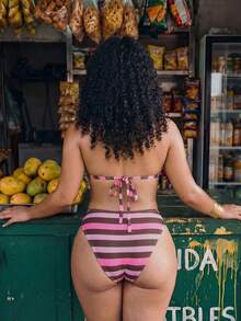 Swim Mod Plus Size Striped Swimsuit Set For Vacation And Beach - Hot Pink - View 2