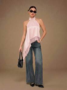 SHEIN Tall Elegant Lace Trim Backless Camisole Top, Sexy Satin Patchwork Sleeveless Blouse For Party Night Out Baby Pink Summer - Baby Pink - View 6