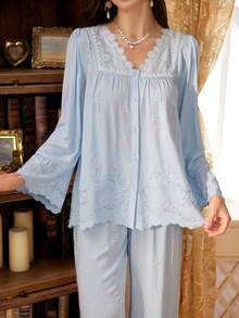 PalaceNights Conjunto de Pijama Feminino com Cardigan de Manga Longa, Decote em V, Tecido de Renda Bordada Vintage Francês e Calça - Azul - Visão 3