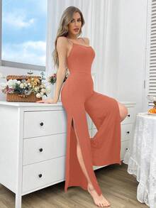 DUSKBASE Women's Solid Color Split Design Casual Daily Wear Home Camisole Jumpsuit - Brown - View 6