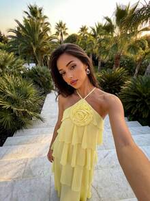 Firerie Elegantes romantisches Damen Chiffon-Kleid mit Blumenmuster, mehrlagigem Volant und rückenfreiem Design, geeignet für Hochzeitsgäste, Geburtstagsfeiern, Bankette, Urlaub, Dates - Gelb - Übersicht 4