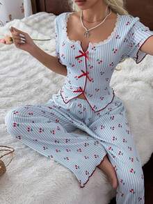 CottageSlumber Conjunto de pijama de 2 piezas para mujer con manga corta y pantalones largos, estampado de rayas de cereza, textura de punto de encaje romántico - Multicolor - Ver 6