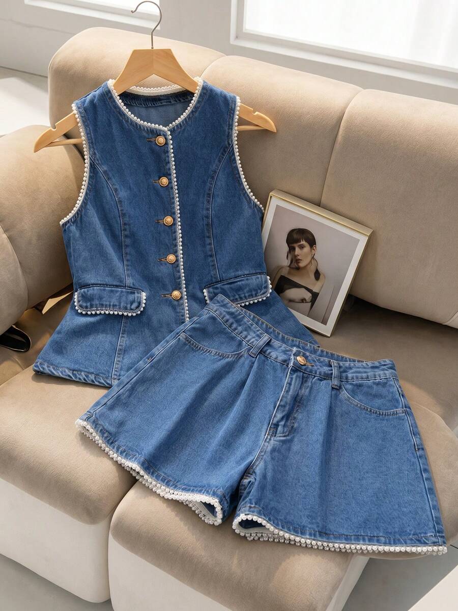 GlowEve Women's Single-Breasted Vest And Shorts Casual Denim Set - Blue - View 1
