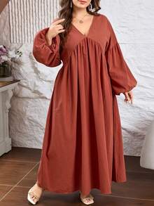Al Najma Robe arabe décontractée minimaliste de couleur unie à col en V, épaules tombantes, manches longues, coupe ample et régulière, grande taille pour femmes, pour le printemps et l'été - Rose cuivré - Voir 3