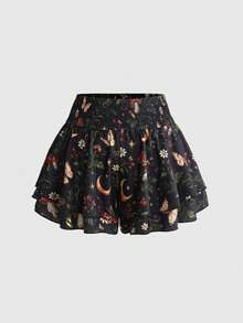 ROMWE Fairycore Dark Hippie Vacation Style Floral Print Plus Size Women's Ruffle Hem A-Line Skort With Elastic Waist - Multicolor - View 1