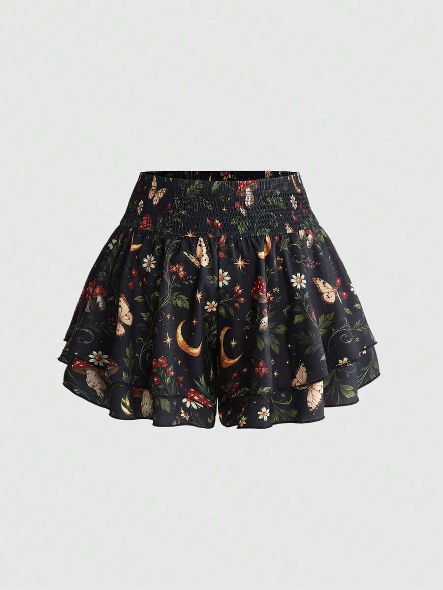 ROMWE Fairycore Dark Hippie Vacation Style Floral Print Plus Size Women's Ruffle Hem A-Line Skort With Elastic Waist - Multicolor - View 1