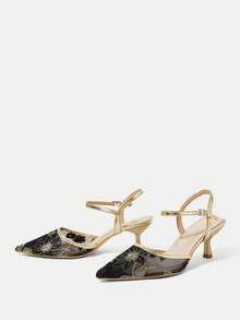 CUCCOO HITCHD Women Shoes Black Gold Embroidered Mesh Pointed Kitten Heels, Empty Strap Temperament Banquet Commuter Shoes - black gold - View 3