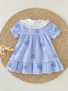 SHEIN Playful Pals Newborn Cute Cartoon Heart Pattern Strapless Bow Decor Dress For Spring And Summer, Outings, Princess Sweet, Vacation And Party - Blue - View 2