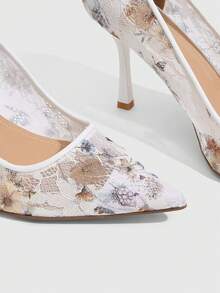 CUCCOO SZL Sepatu hak tinggi runcing bermotif bunga dan jala untuk wanita yang elegan. - Layar putih mencetak biru dan putih - View 5