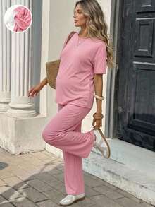 SHEIN 2pcs Maternity Set: Solid Color Short Sleeve Top And Adjustable Waist Casual Business Casual Pants Loungewear Summer - Pink - View 1