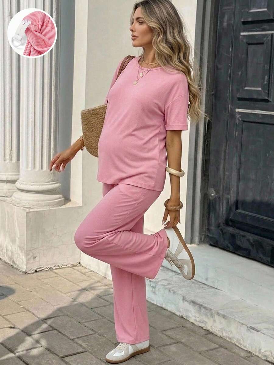 SHEIN 2pcs Maternity Set: Solid Color Short Sleeve Top And Adjustable Waist Casual Business Casual Pants Loungewear Summer - Pink - View 1
