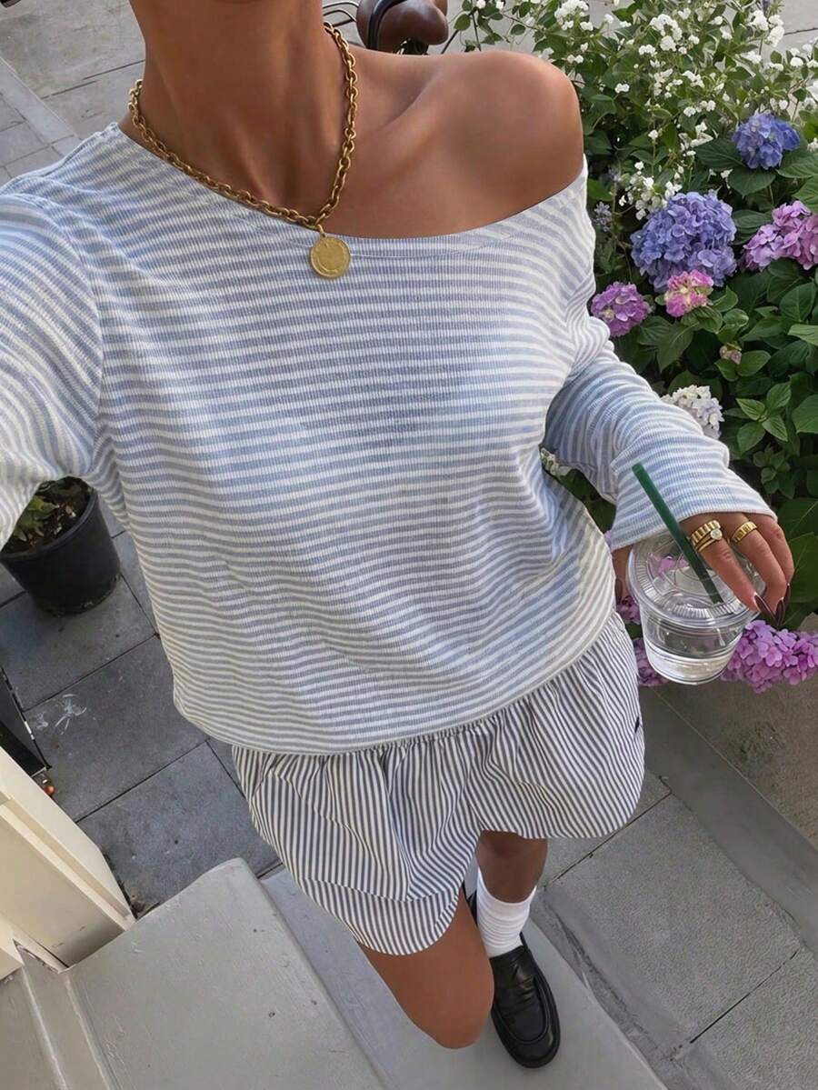 Muchica Women's Spring/Summer Casual Striped Long Sleeve T-Shirt - White - View 1