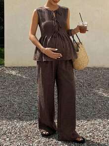 Dazy Maternity 純色休閒圓領繫帶無袖上衣與休閒長褲，度假風日常穿著，棕色春夏孕婦兩件套 - 棕色 - 查看 9