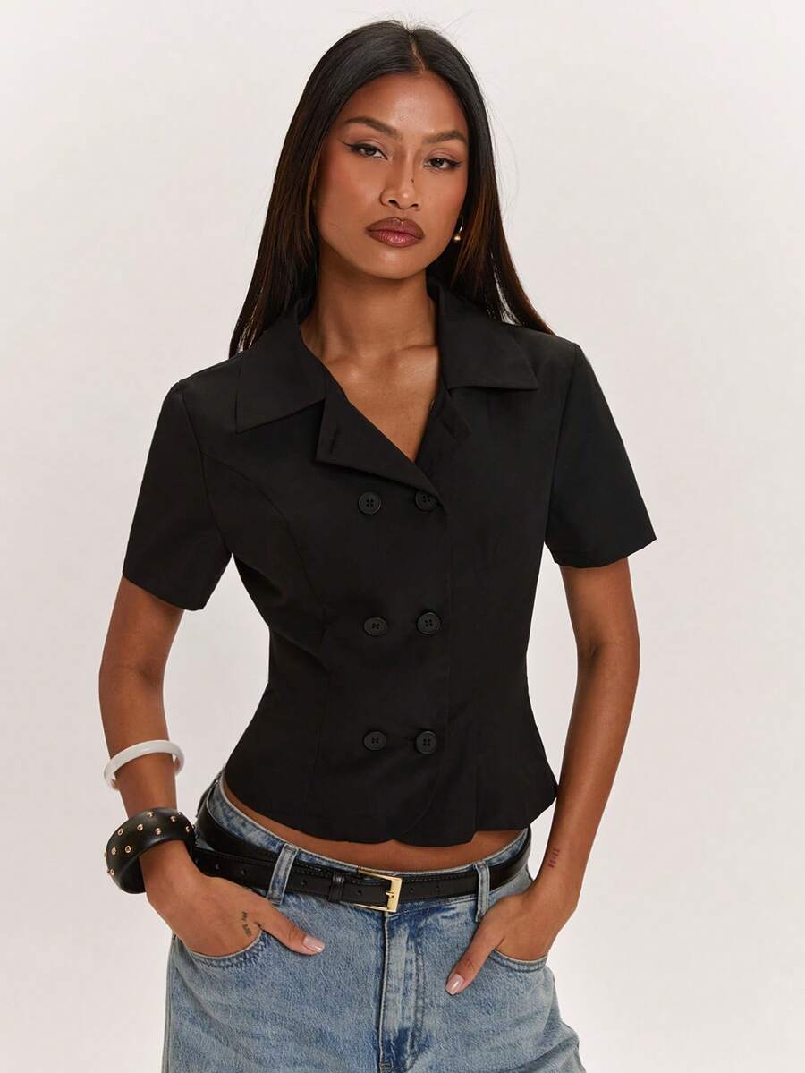 SHEIN BAE Women's Black Double-Breasted Short-Sleeved Jacket, Suitable For Casual Outings, Slim-Fit Black Jacket, Short-Sleeved Black Jacket. - Black - View 1