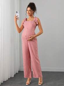 SHEIN Jumpsuit Hamil Kasual Motif Kotak-kotak untuk Sehari-hari dengan Detail Simpul di Bahu - Merah - View 6